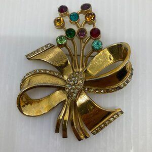 Vtg 1940 CORO ? bow gold tone chunky 3" brooch